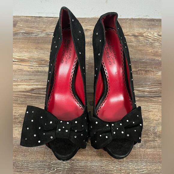 TARA SUBKOFF x BEBE Collab Swarovski Crystal & Bow Platform Peep Toe Stilettos - Picture 2 of 11